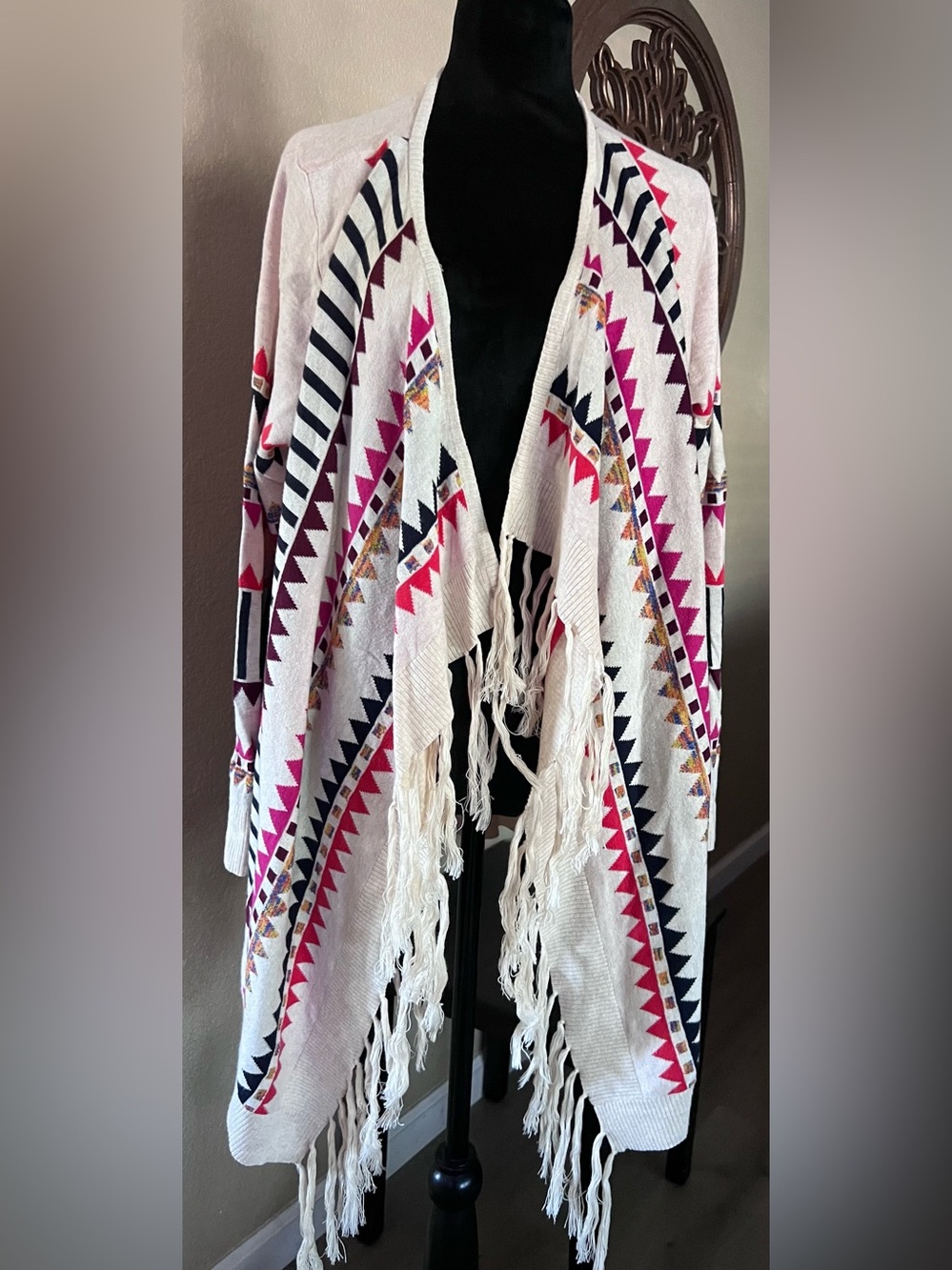 Kensie White Fringe Open-Front Aztec Cardigan with Pink & Navy Accents